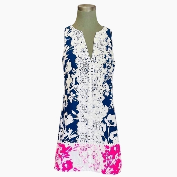 Women’s Dress Eliza J Navy Pink Lace Trim Stretch Cotton A-Line Dress Midi Dress - Picture 3 of 8